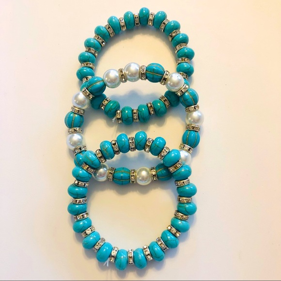 Set of 3 Turquoise Pearl Stretch Bracelets - Picture 2 of 8
